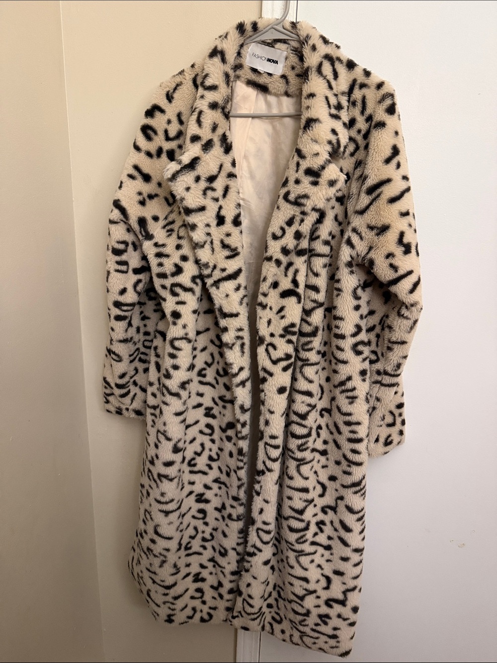 Fashion Nova Cream and Black Leopard Faux Fur Coat